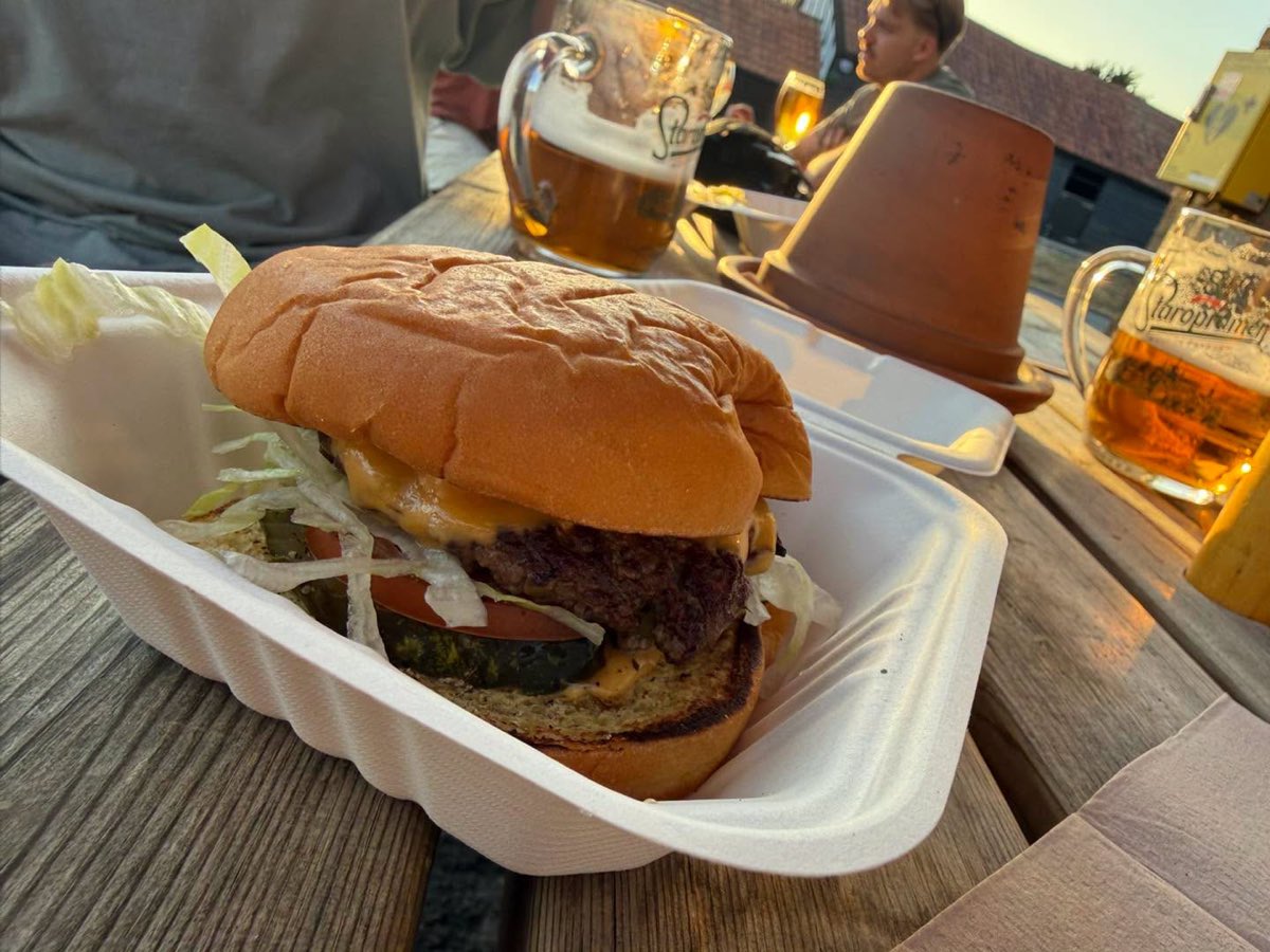 A food truck burger and beers on a summer evening in the garden